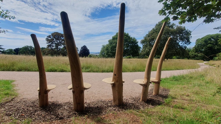 An ornamental bench in the foreground of the meadow at A la Ronde, Devon.